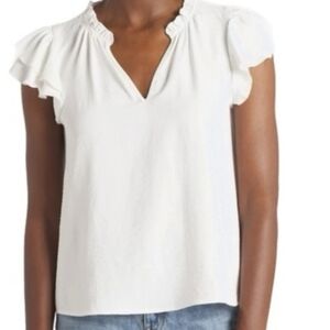 nine britton White Flutter Sleeve V-Neck Blouse
